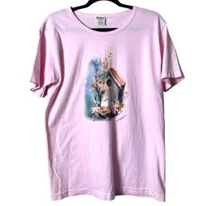 Vintage Tee Graphic Pink Cotton t-shirt pastel art birdhouse floral Grandmacore